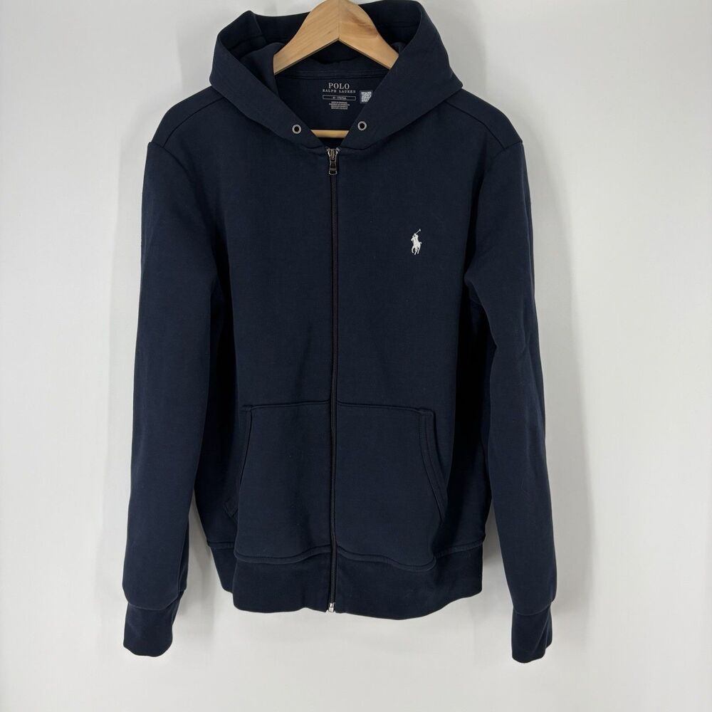 Polo Ralph Lauren Jacket Size Medium Men Navy Double Knit Full Zip Hoodie Preppy
